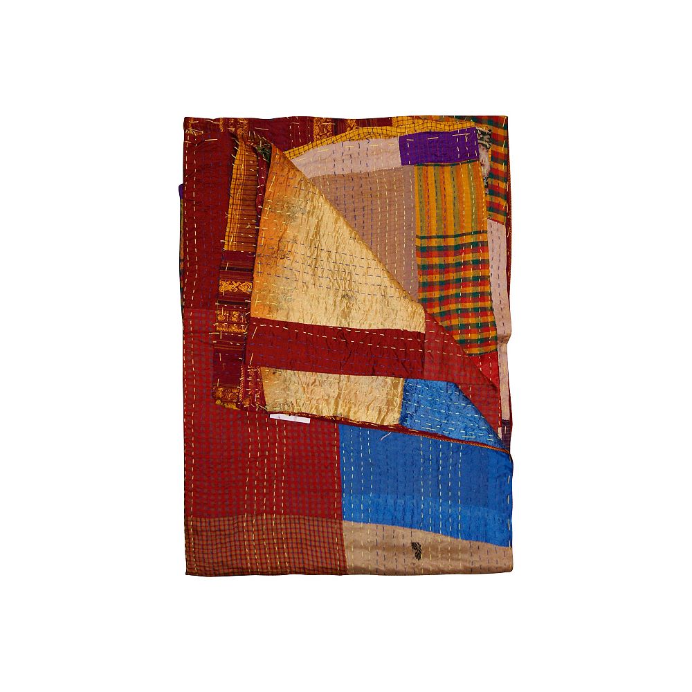 Taj Hotel Kantha Burgundy Yellow Blue Silk Throw Blanket The