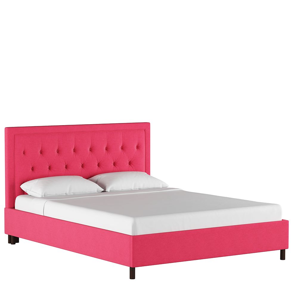 Skyline Furniture King Tufted Square Platform Bed with Border in Linen Fuschia The Home Depot