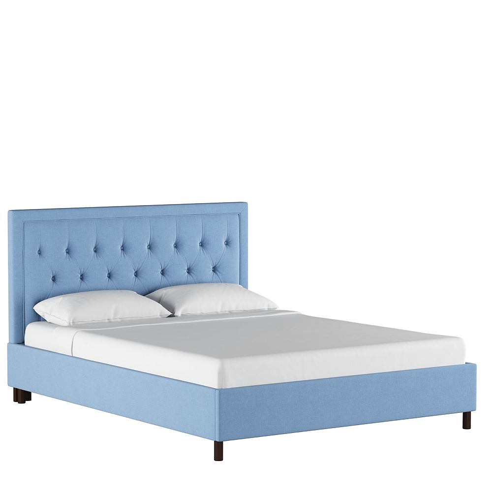 Skyline Furniture King Tufted Square Platform Bed with Border in Linen