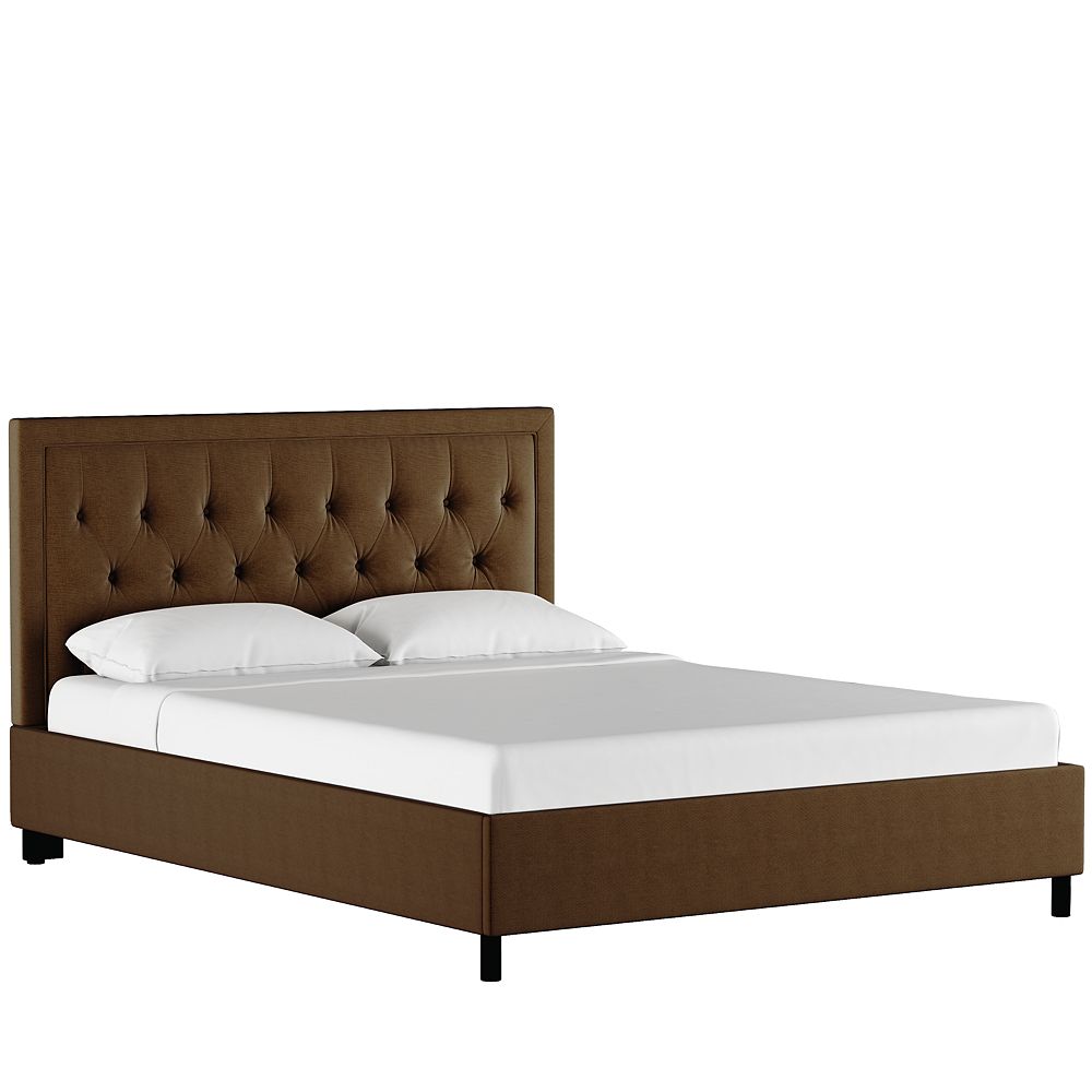 Skyline Furniture King Tufted Square Platform Bed with Border in Linen
