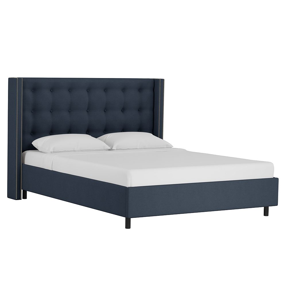 Skyline Furniture Twin Button Tufted Wingback Platform Bed With Nail Buttons In Linen Navy The Home Depot Canada