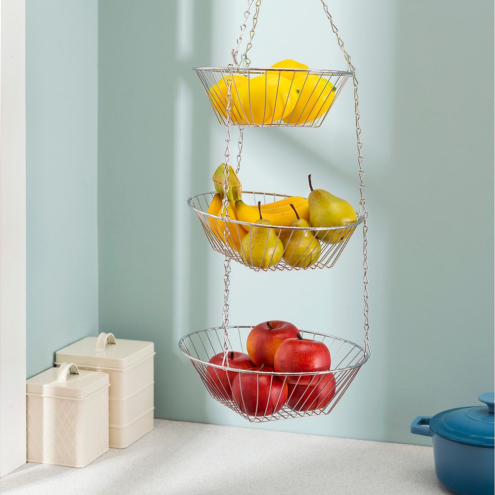 Home Basics 3 Tier Wire Hanging Round Fruit Basket, Chrome The Home