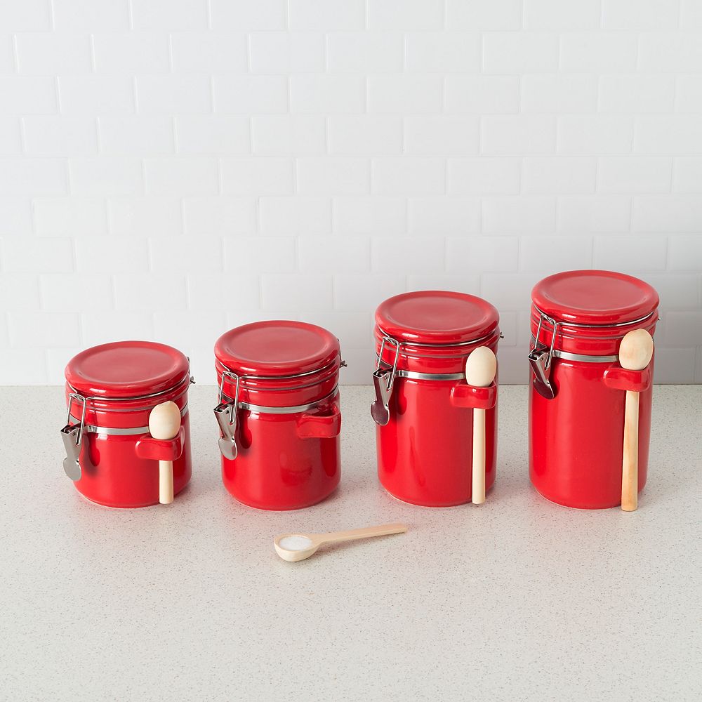 Home Basics 4 Piece Ceramic Canister Set with Wooden Spoons, Red The