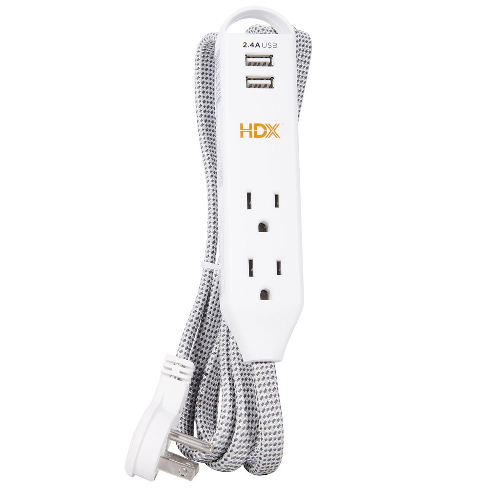 HDX 3Outlet Extension Cord with 2 USB 2.4A Charger, White The Home