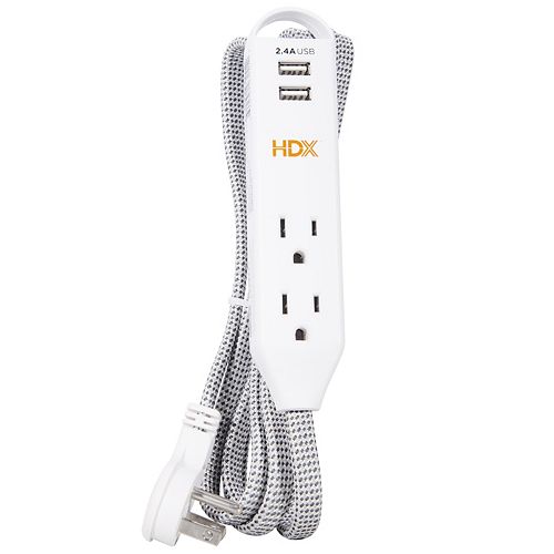 3-Outlet Extension Cord with 2 USB 2.4A Charger, White