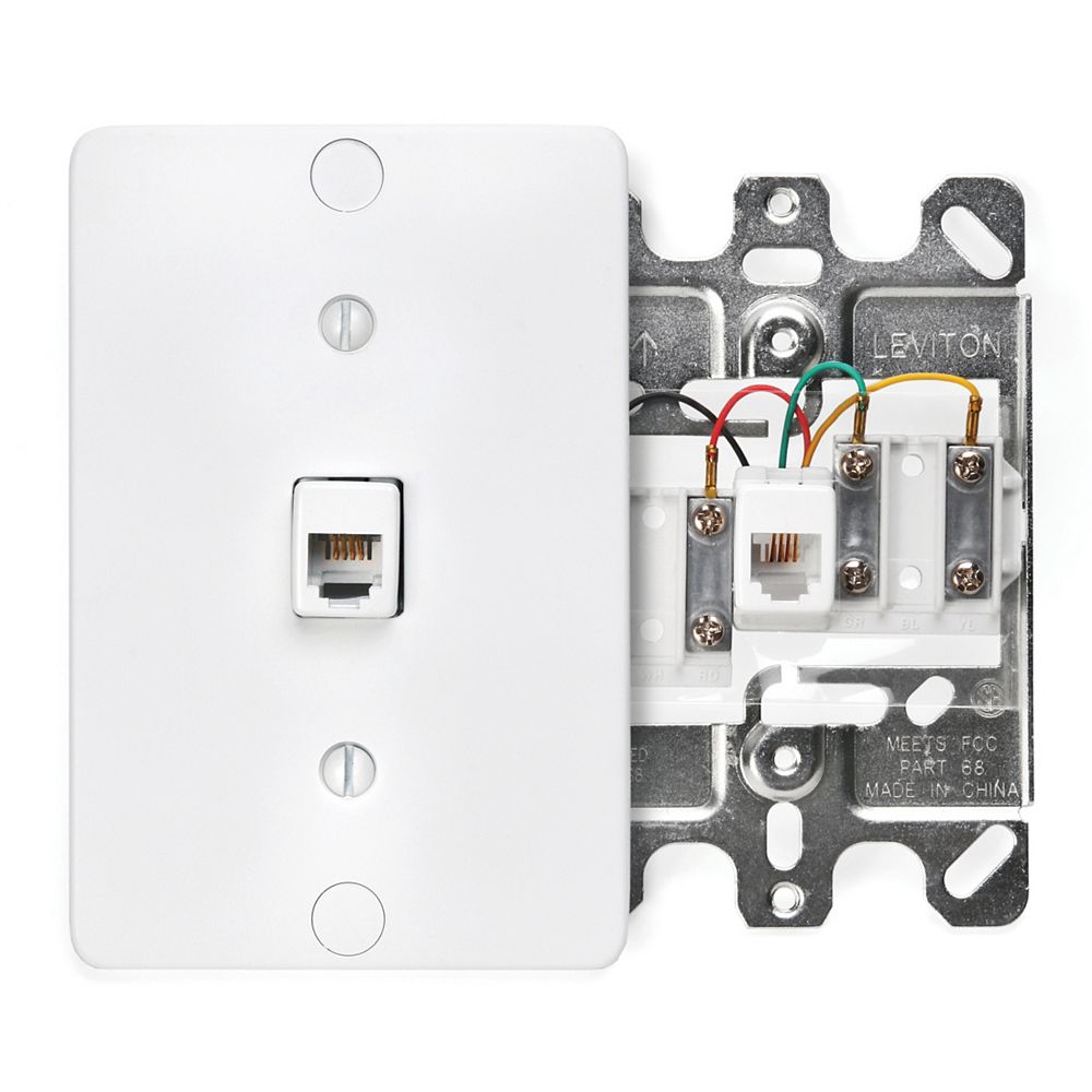 Leviton Telephone Wall Phone Jack, 6P4C, Screw Terminal, White The