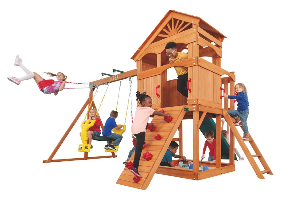 Creative Cedar Designs Timber Valley Wooden Swingset Red with Green Slide The Home Depot Canada