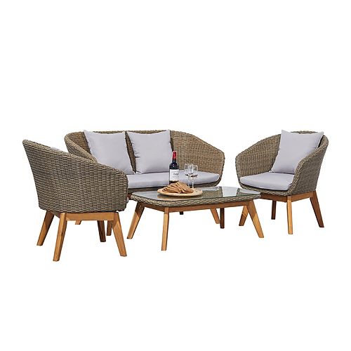 Grayton Light Grey 4-piece Rustic All-Weather Patio Wood and Wicker Conversation Set