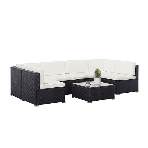 Venice Black 6-piece Classic Outdoor Wicker Sectional Sofa with White Seat and Back Cushion