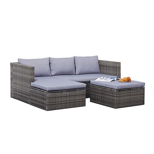 Daytona Grey 3-piece Vintage Outdoor Cushioned Wicker Corner Sofa with Footstool