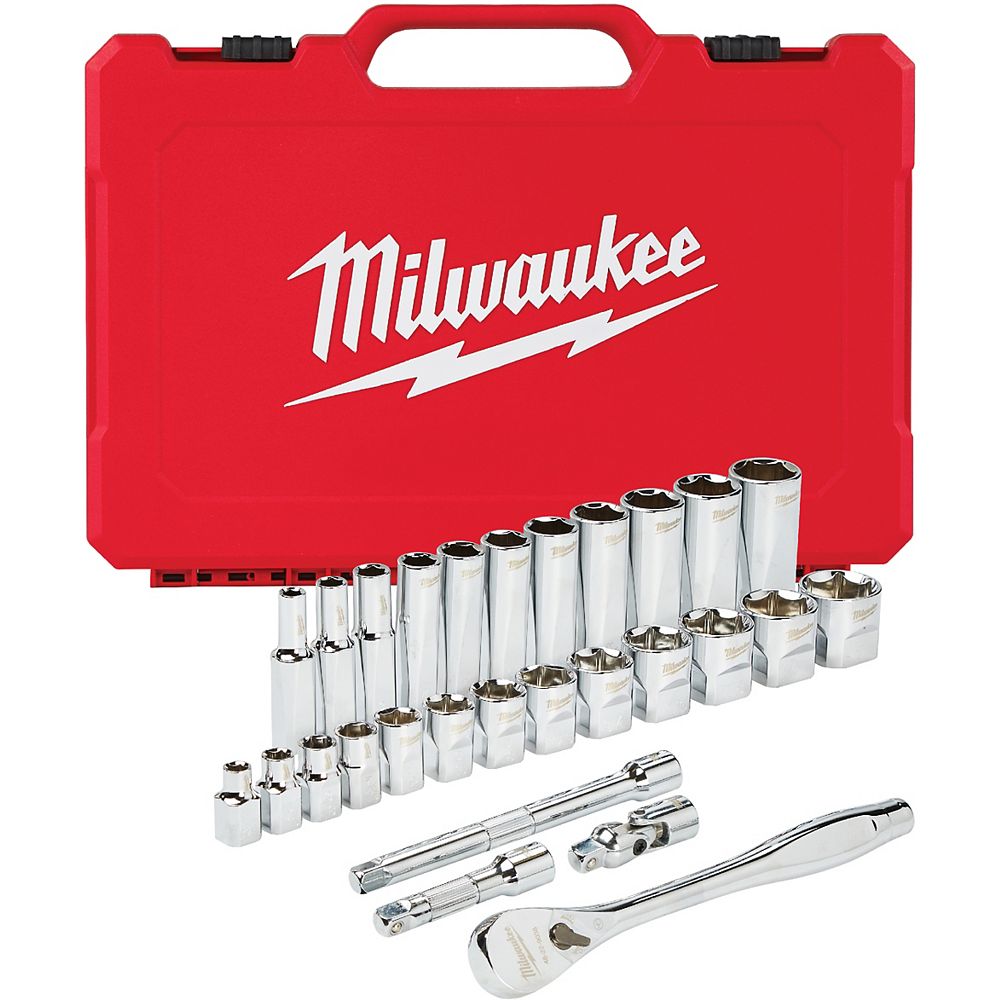 Milwaukee Tool 3/8 inch Drive SAE Ratchet and Socket Mechanics Tool Set (28Piece) The Home