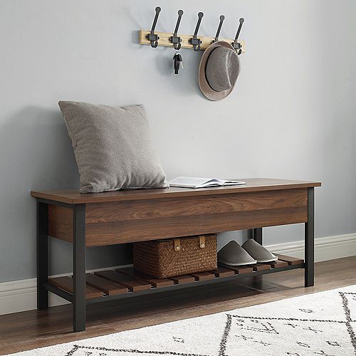 Modern Farmhouse Storage Bench with Hidden Storage - Dark Walnut