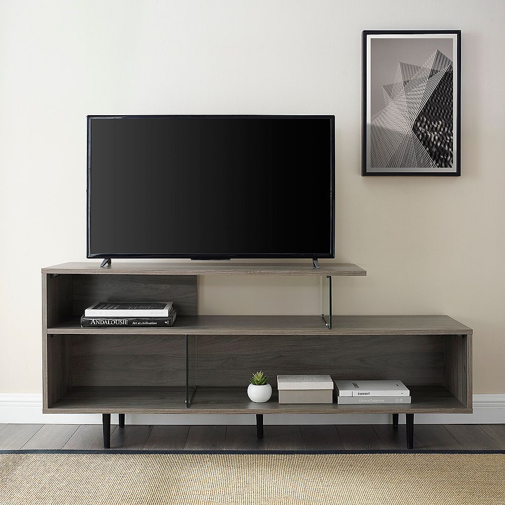 Welwick Designs Modern Asymmetrical TV Stand for TV's up to 66" Slate Grey The Home Depot Canada