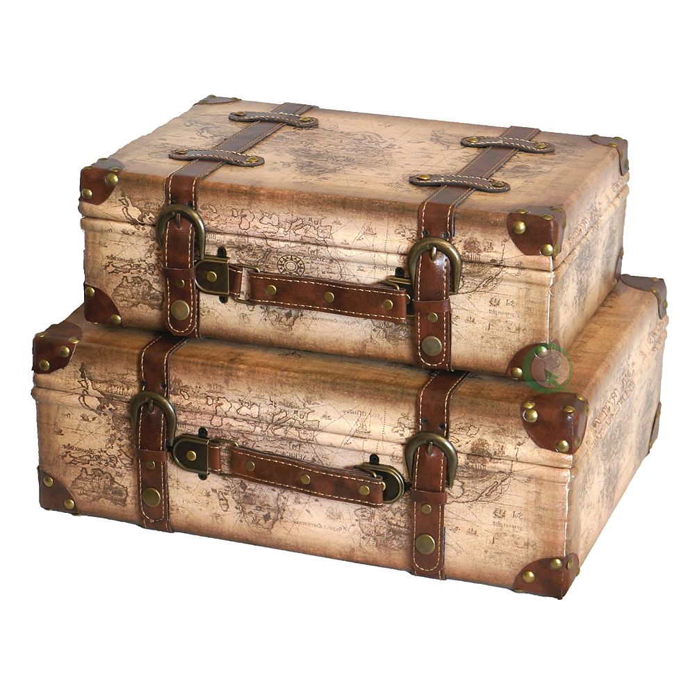 Vintiquewise Old World Map Leather Vintage Style Suitcase with Straps