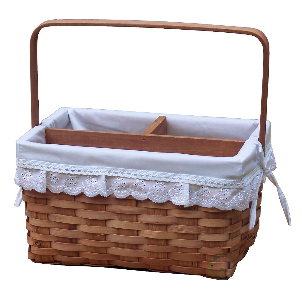 Vintiquewise Woodchip Picnic Caddy Basket Lined with Lace Trim The