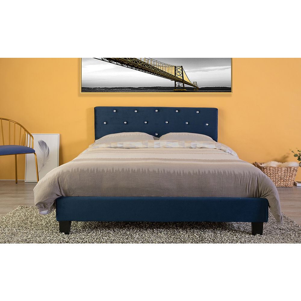 Bold Tones Velvet Tufted Platform Bed Frame Queen Size, Blue The Home