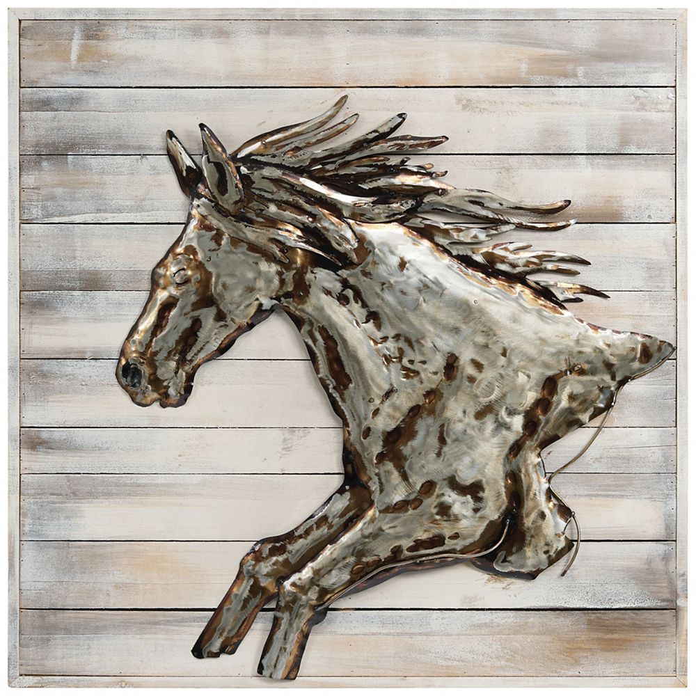 Empire Art Direct Golden horse Handed Painted Iron Wall sculpture on Wooden Wall Art The Home