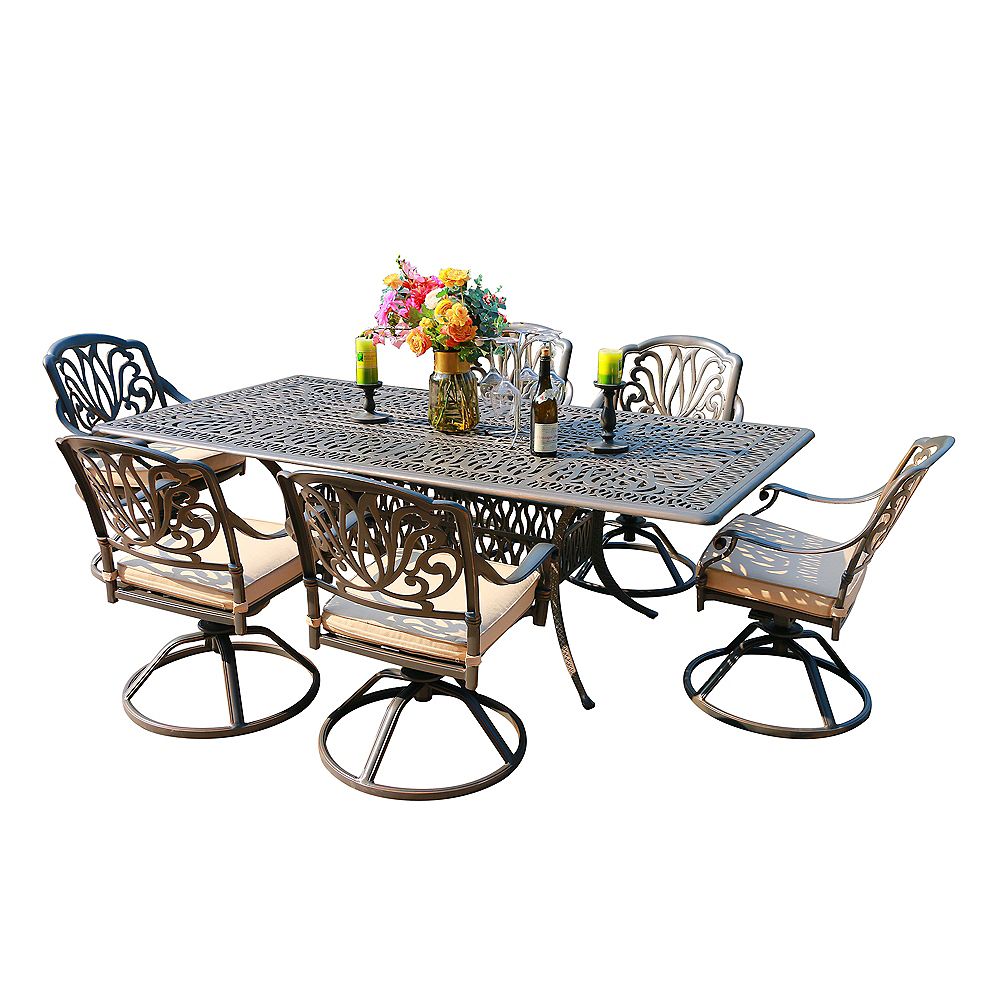 Ipatio Outdoor Cast Aluminum 7 Piece Rectangle Dining Set With Swivel Rockers In Sunbrella The Home Depot Canada Ipatio Outdoor Cast Aluminum 7 Piece, Cast Aluminum Patio Dining Sets Canada