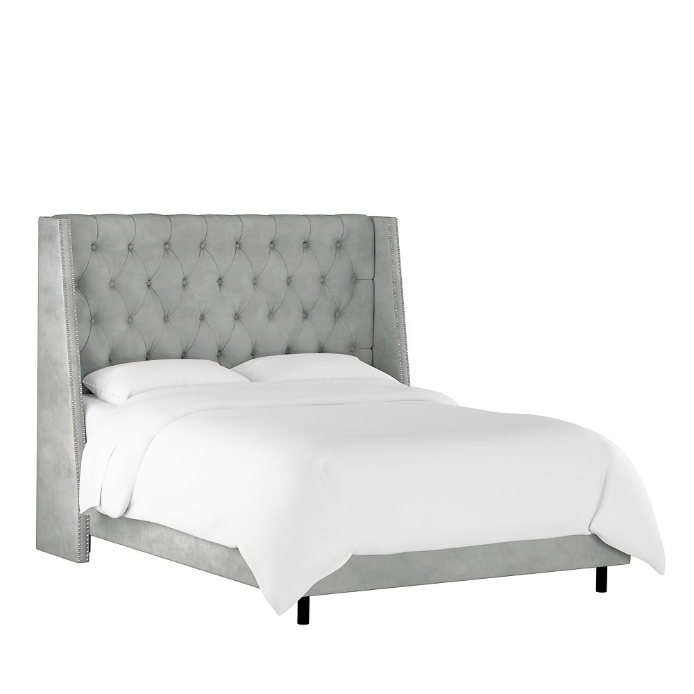 Skyline Furniture Bellevue Queen Nail Button Tufted Wingback Bed In Velvet Steel Grey The Home Depot Canada