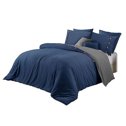 Solid Prewashed Reversible Duvet Cover Set Navy Twin