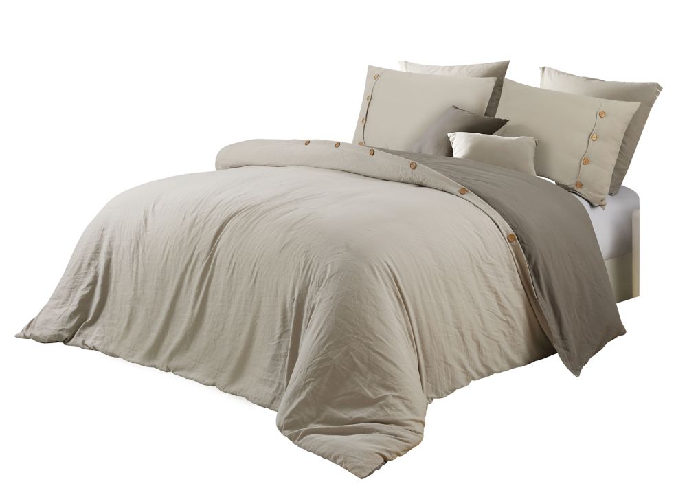 CHC Solid Prewashed Reversible Duvet Cover Set Khaki Queen The Home Depot Canada