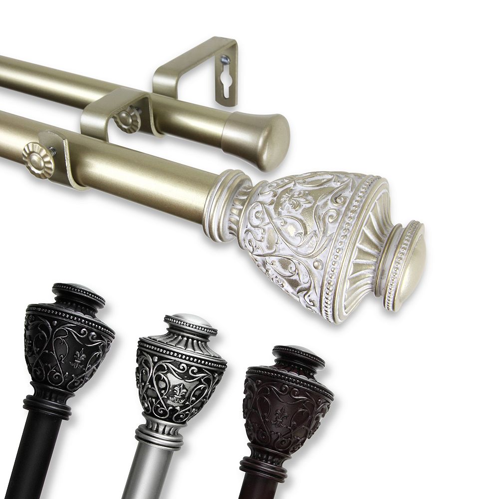 Rod Desyne 1 in Dia Adjustable 120" to 170" Double Curtain Rod with Veda Finials in Mahoga