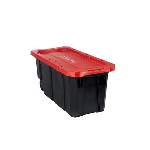 170L Capacity Latch and Stack Tote with Wheels in Black and Red