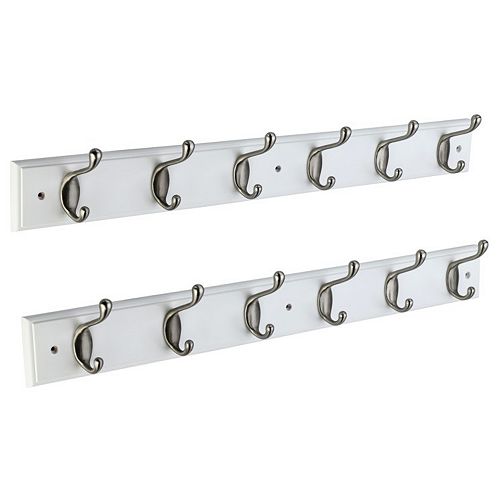 27-inch 6-Hook Wall Mounted Coat Rack in White and Satin Nickel (2-Pack)