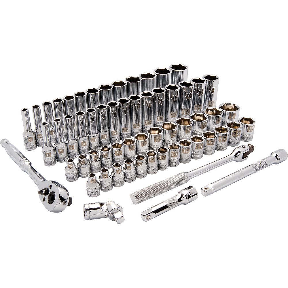 DYNAMIC TOOLS 3/8 inch Drive 60 Piece 6 Point, Standard/Deep, SAE/Metric Socket Set, 1/4 i
