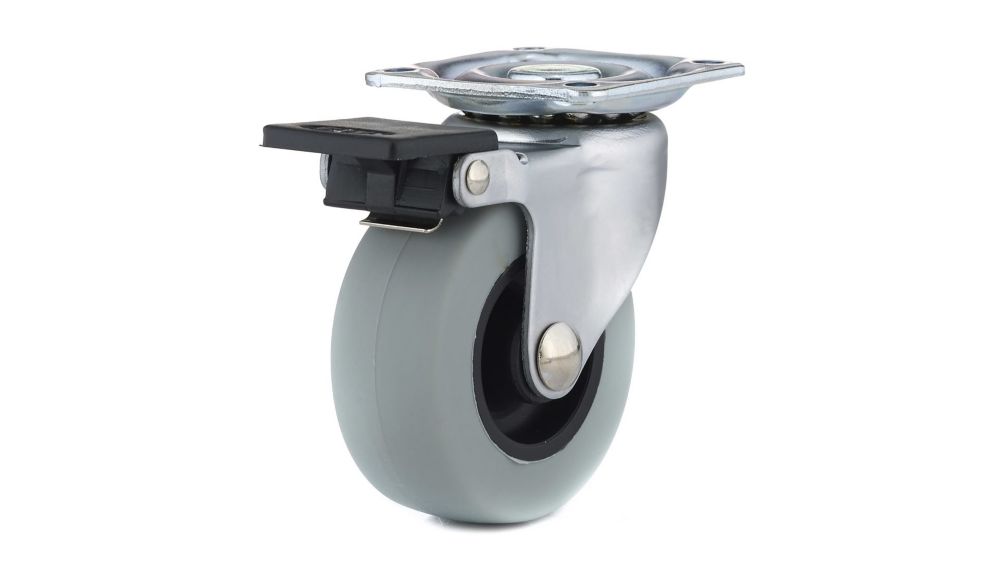 Richelieu Industrial Gray Rubber Caster, Swivel with Brake, with Plate