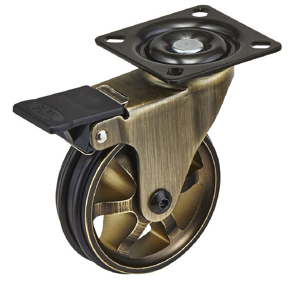 Richelieu Aluminum Single Wheel Vintage Caster, Swivel with Brake, with Plate, Rustic Bras