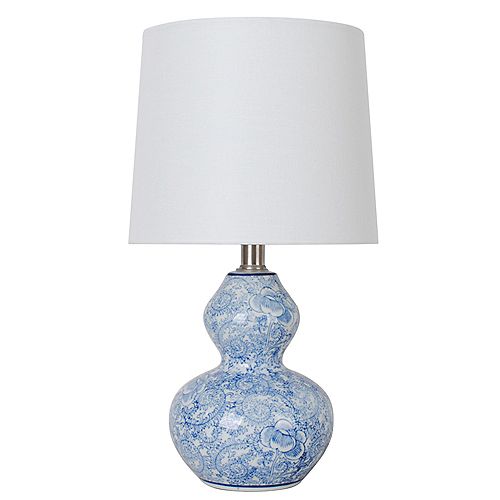 15.75 in. Blue Floral Ceramic Table Lamp with White Fabric  Shade