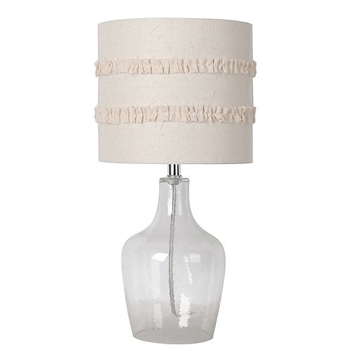 17.5 in. Clear Glass Table Lamp with a Fringed White Fabric  Shade