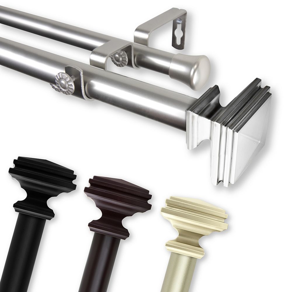 Rod Desyne 1 In Dia Adjustable 120 To 170 Double Curtain Rod With Bedpost Finials In Bla The Home Depot Canada