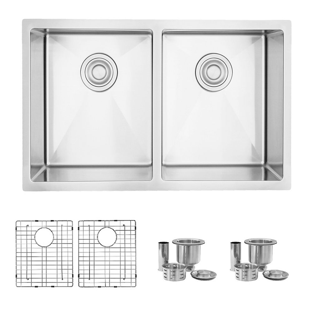 Stylish 28"x 18" Dualmount Double Bowl Kitchen Sink with Grids and