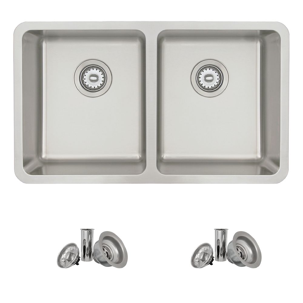 Stylish 30l X 18w Inch Dualmount Double Bowl 18 Gauge Stainless Steel Kitchen Sink With St The Home Depot Canada