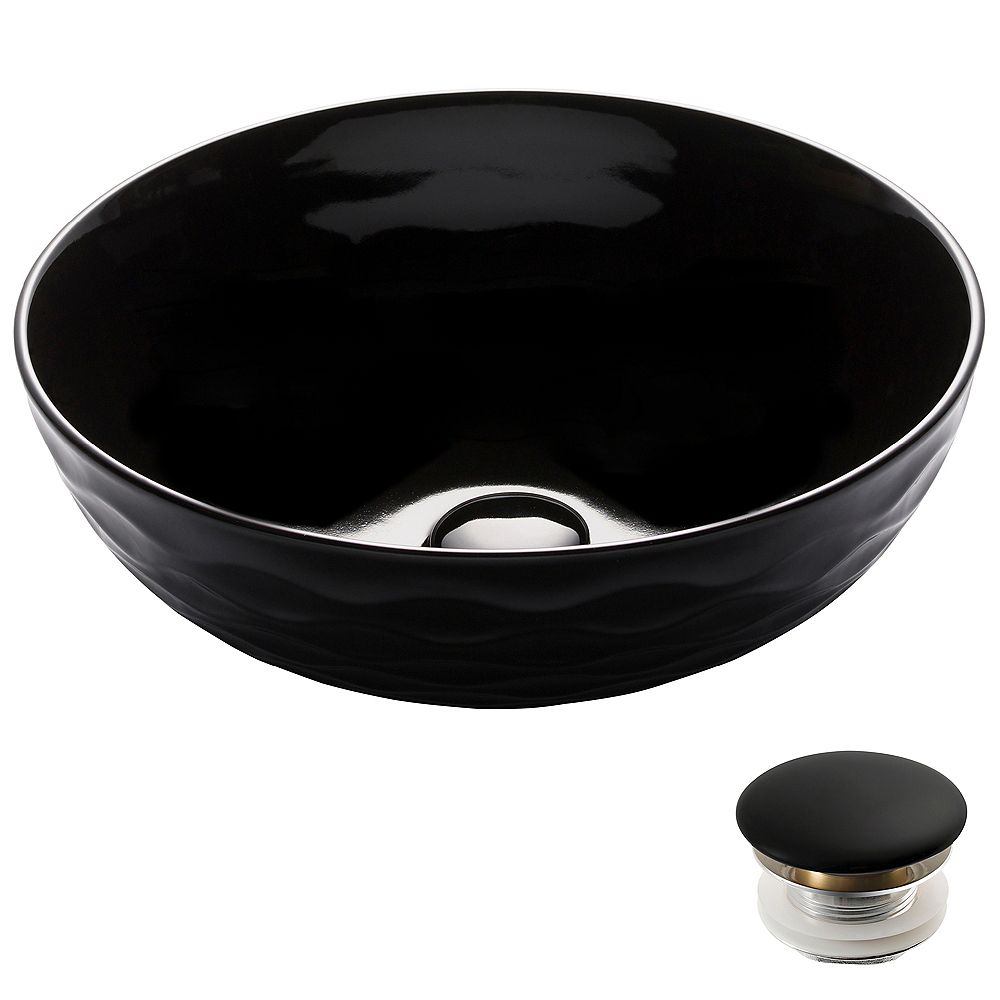 Kraus Round Black Porcelain Ceramic Vessel Bathroom Sink with PopUp