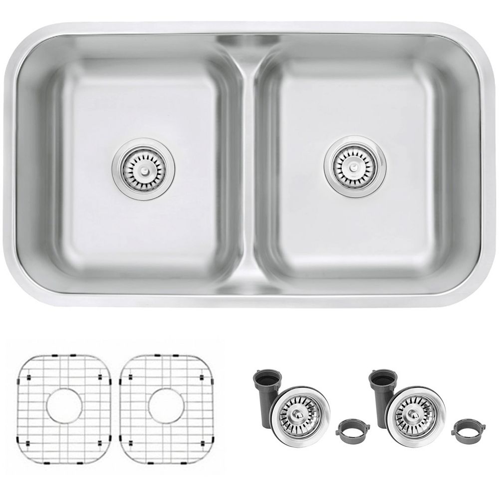 Stylish 32l X 18w Inch Dual Mount Double Bowl 16 Gauge Stainless Steel Kitchen Sink With G The Home Depot Canada 16 Gauge Stainless Steel Kitchen Sink, Kitchen Sink Clamps Home Depot