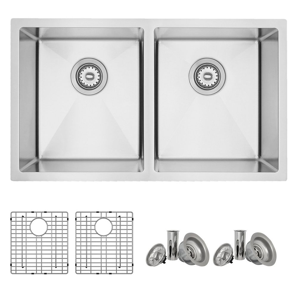 Stylish 31l X 18w Inch Undermount Double Bowl 18 Gauge Stainless Steel Kitchen Sink With G The Home Depot Canada