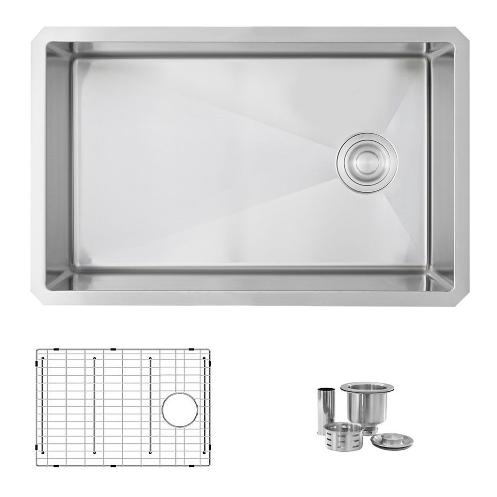 Azuni 28 Inch L X 18 Inch W Undermount Single Bowl Stainless Steel Kitchen Sink With Grid The Home Depot Canada