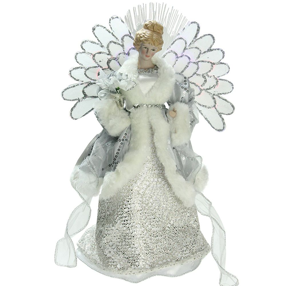 Northlight 13" Gray and Silver Lighted Fiber Optic Angel in Gown