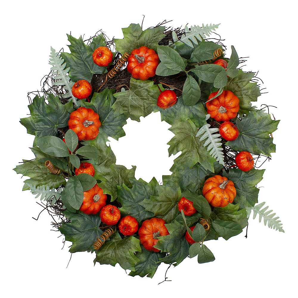 Northlight Maple And Fern Leaves With Pumpkins Grapevine Artificial Wreath 24 Unlit The Home Depot Canada