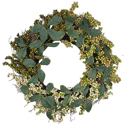 Autumn Harvest Berries With Green Leaves Artificial Grapevine Wreath - 24-Inch  Unlit