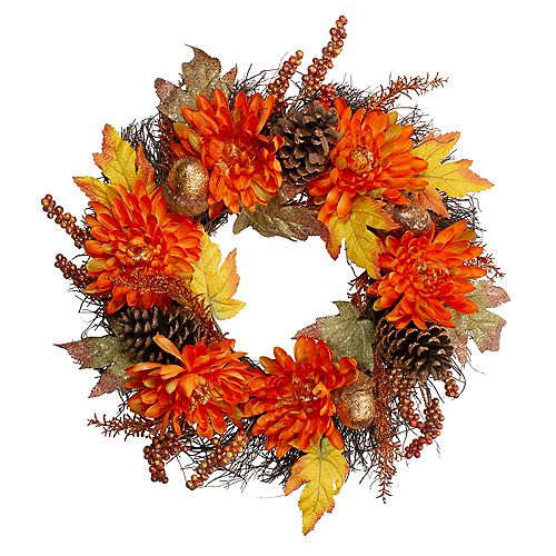 Autumn Harvest Cactus Mums with Acorns Artificial Wreath - 22"Unlit