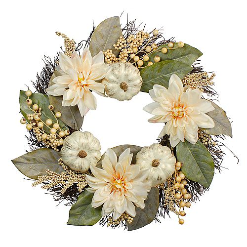 Autumn Harvest White Dahlia  Berry and Pumpkin Grapevine Wreath - 22-Inch  Unlit