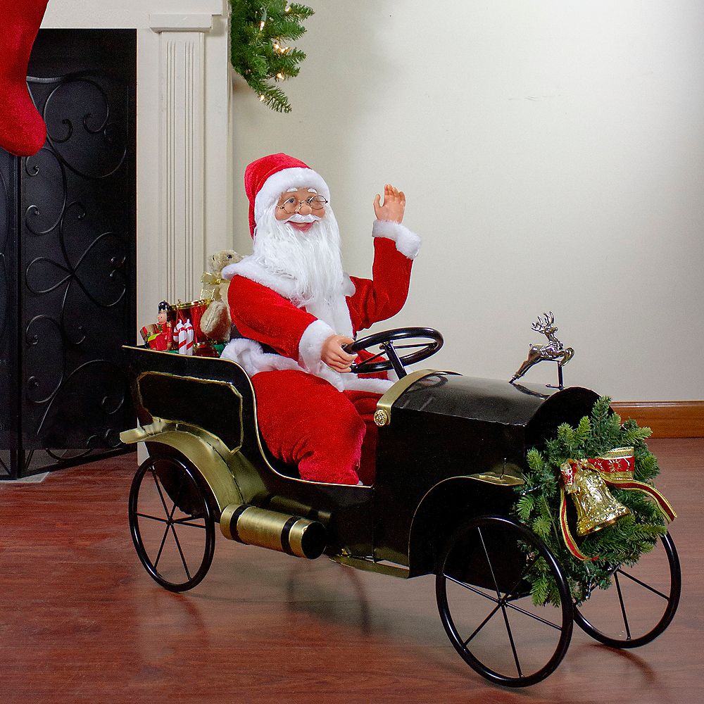 Northlight 24" Santa Delivering Presents in a Black and Gold Vintage Car Christmas Decorat