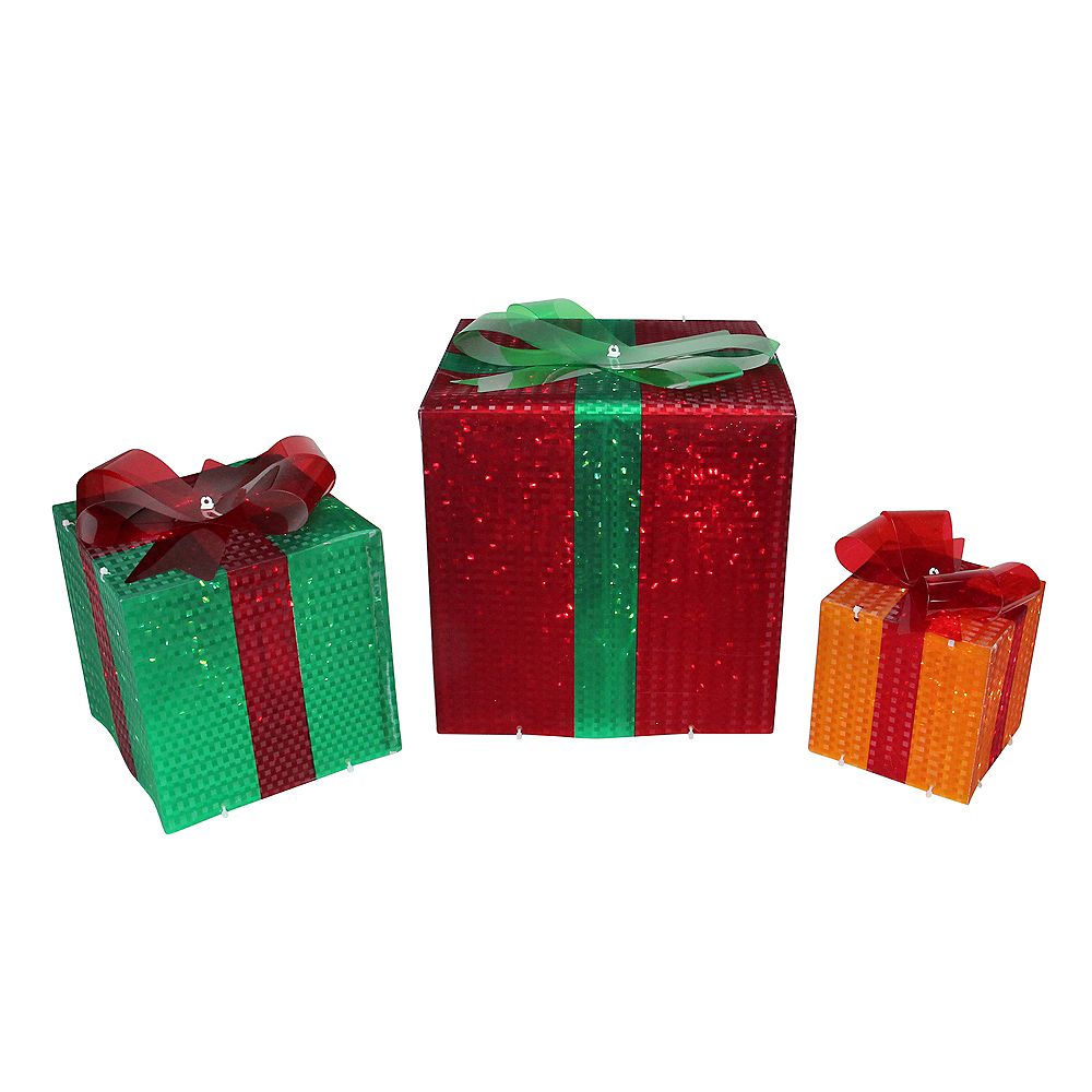 Northlight Set of 3 Lighted Glistening Gift Box and Bow Outdoor ...