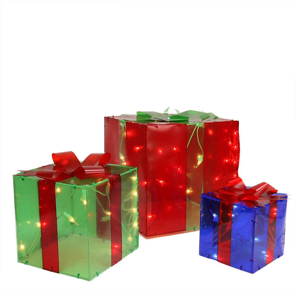 Northlight Lot De 3 Rouge Vert Et Bleu Coffret Cadeau Decoration De Noel En Plein Air Home Depot Canada