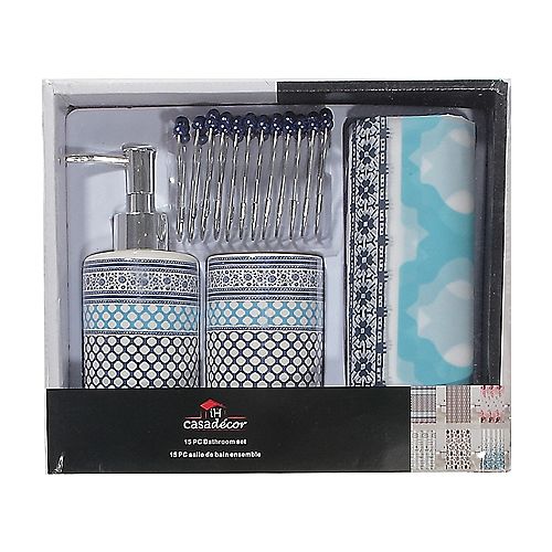 15 Pc Bathroom Set+ Peva S. Curtain + 12 R Hooks -Blue Net