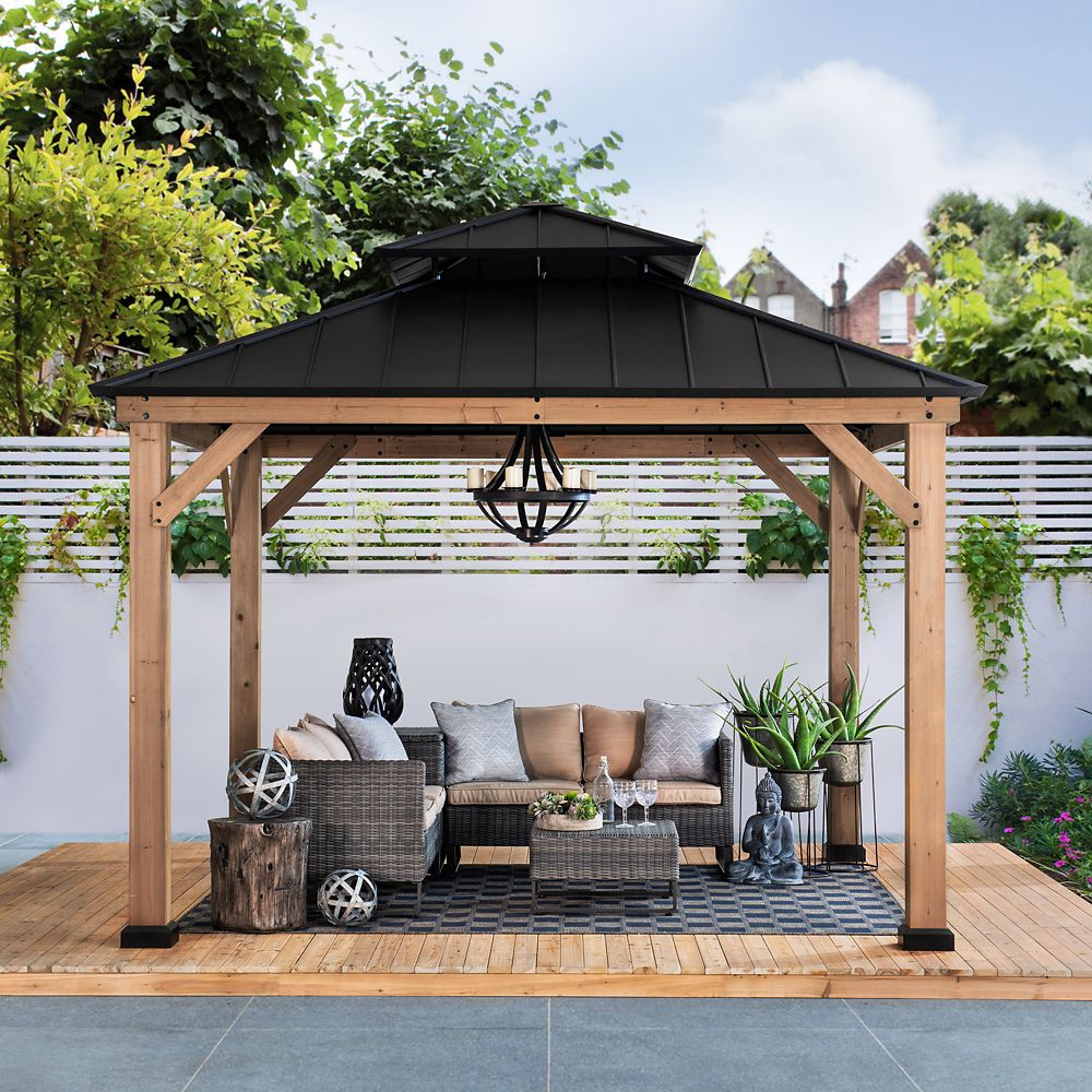 Sunjoy Archwood 10 Ft X 10 Ft Cedar Framed Gazebo With Steel Hardtop   P 1001567594 